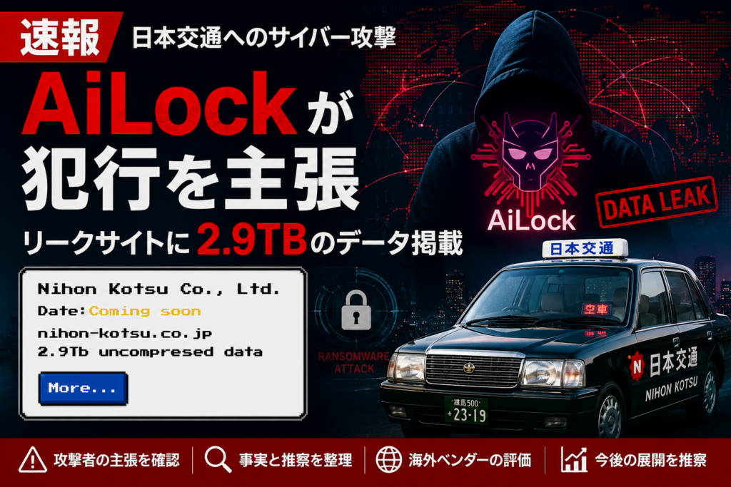 「速報」AiLockが日本交通への攻撃を主張　リークサイトに「2.9TB」掲載　事件は新たな段階へ